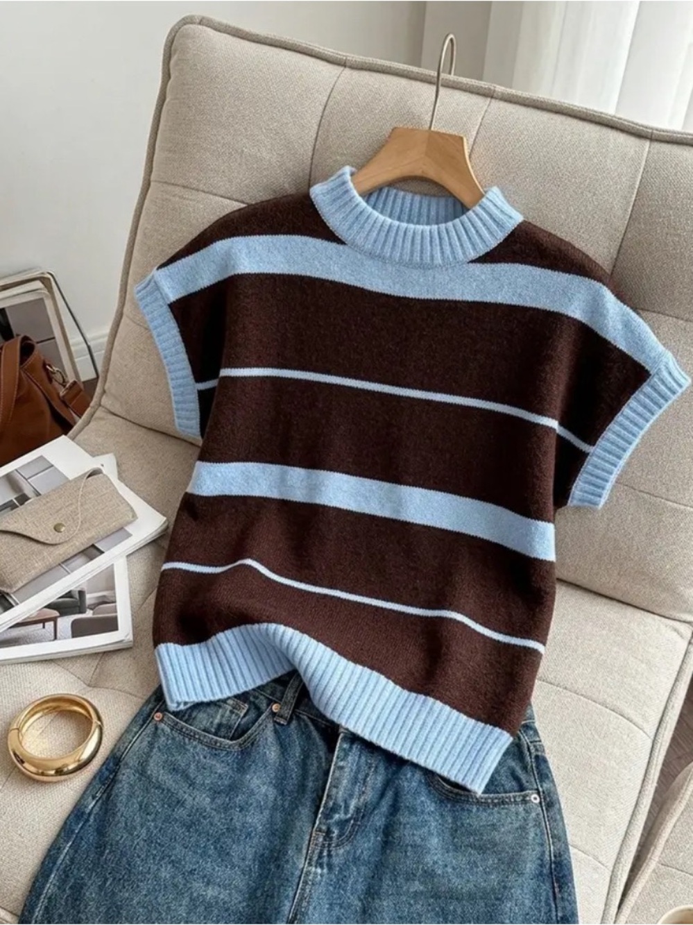 Striped Short-Sleeve Crewneck Sweater - Brown & Light Blue - Picture 7 of 7